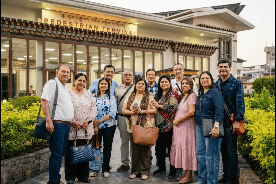 Travelers gathered at a Himalayan airport terminal